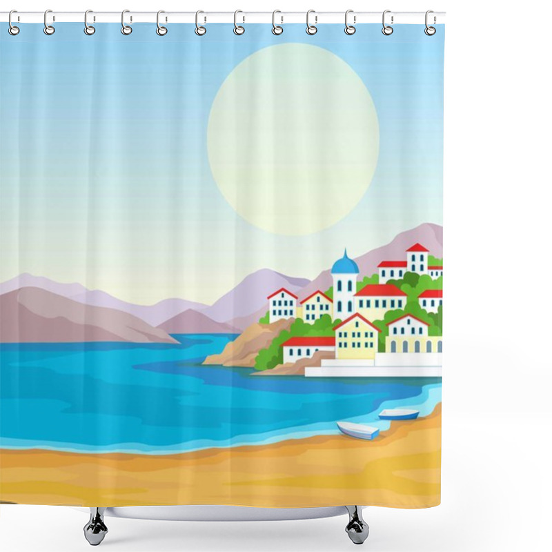 Personality  Animation Landscape: Sea Coast, Mountains, Ancient City Port. The Place For The Text. Vector Illustration. Shower Curtains