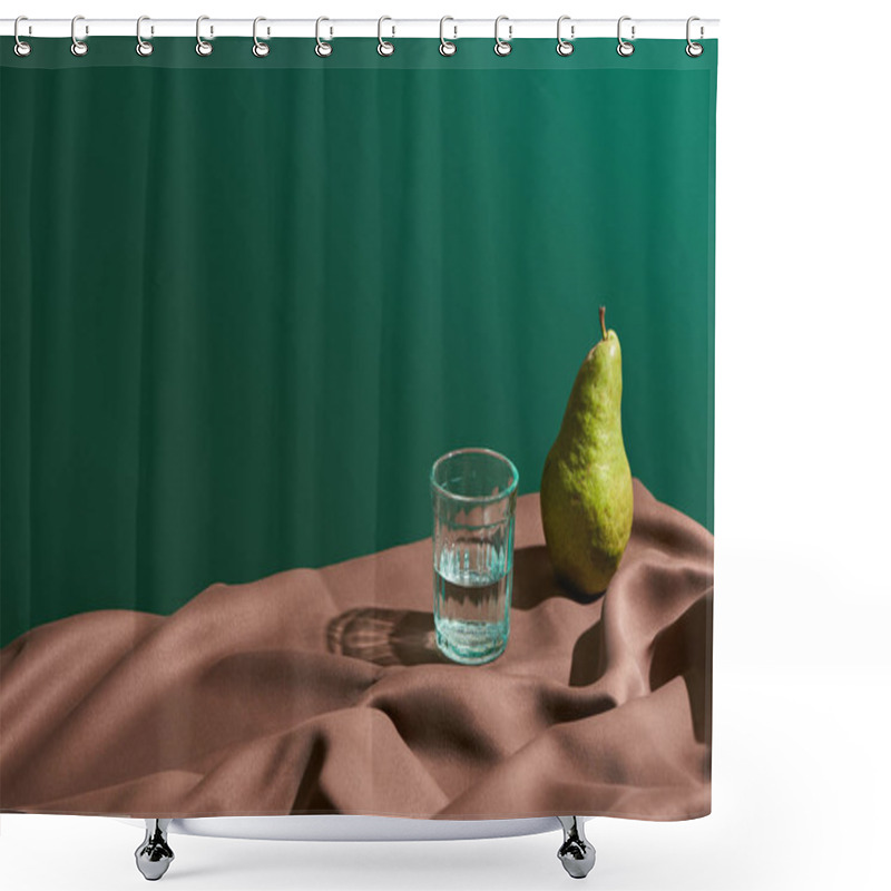 Personality  Classic Still Life With Pear And Water In Glass On Table With Brown Tablecloth Isolated On Green Shower Curtains