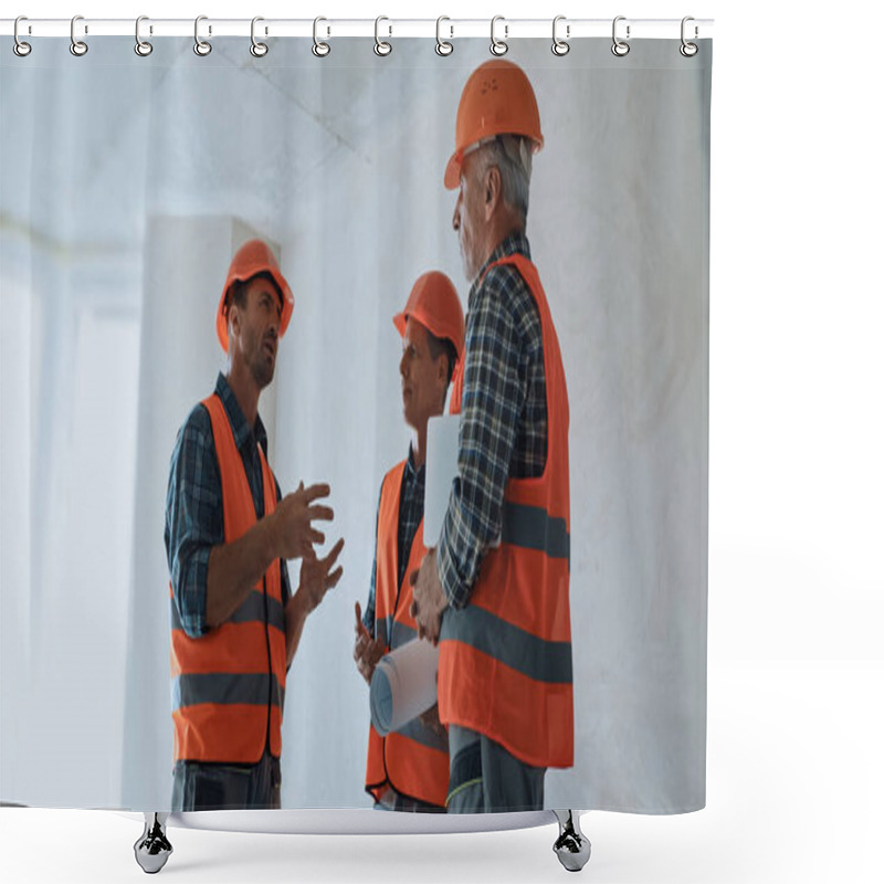 Personality  Builder Gesturing While Talking With Coworkers In Hard Hats On Construction Site Shower Curtains