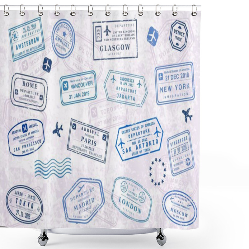 Personality  World Travel Passport Stamps. Vector Illustration Old Style Visa Passport Stamp Set. Novelty Stamps (not Official Versions). Shower Curtains