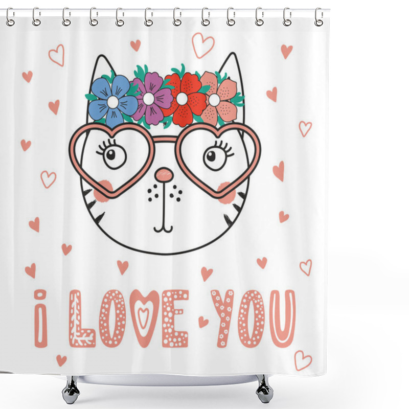 Personality  Cute Cat In Heart Shaped Glasses Shower Curtains