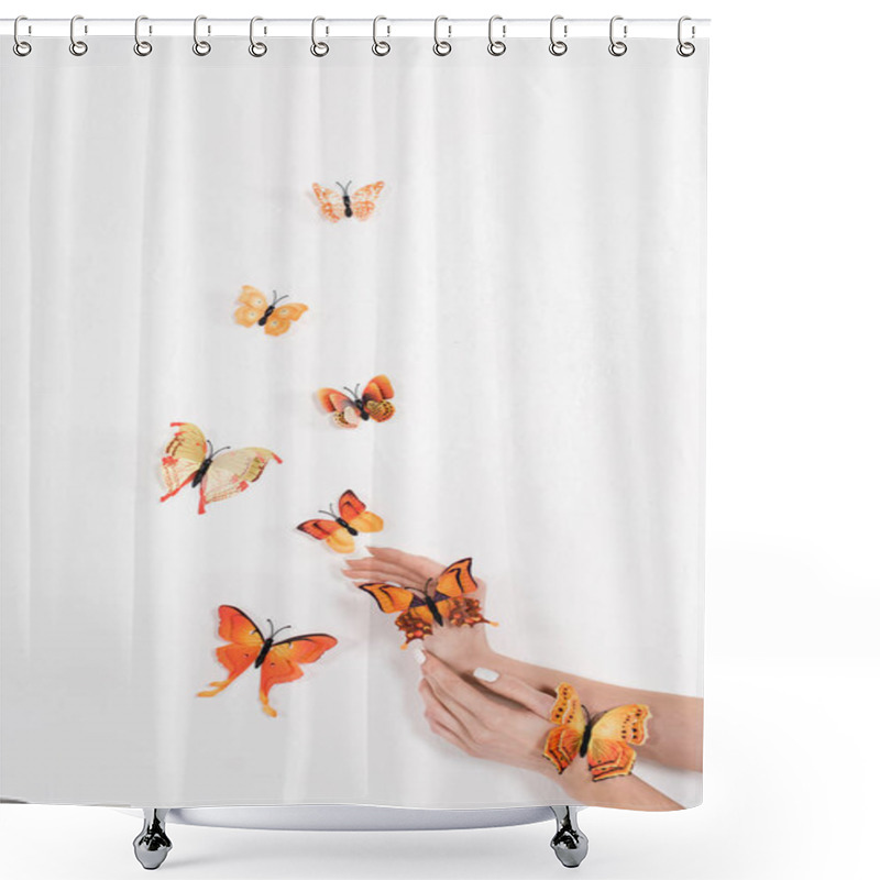 Personality  Cropped View Of Woman Near Orange Butterflies On White Background, Environmental Saving Concept  Shower Curtains