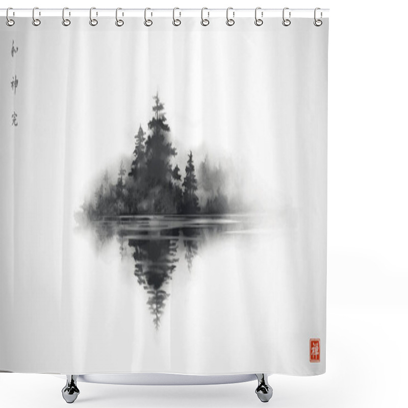 Personality  Landscape With Pine Trees On Misty Island. Traditional Oriental Ink Painting Sumi-e, U-sin, Go-hua. Translation Of Hieroglyphs - Zen, Harmony, Spirit, Perfection. Shower Curtains