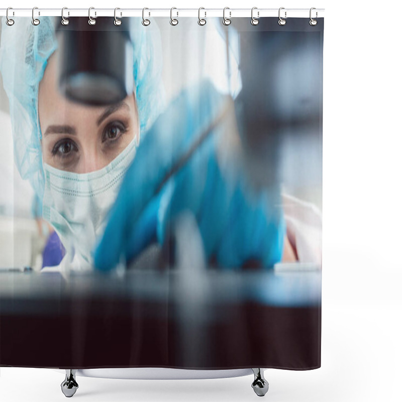 Personality  Doctor Or Lab Technician Adjusting Needle To Fertilize A Human Egg Shower Curtains