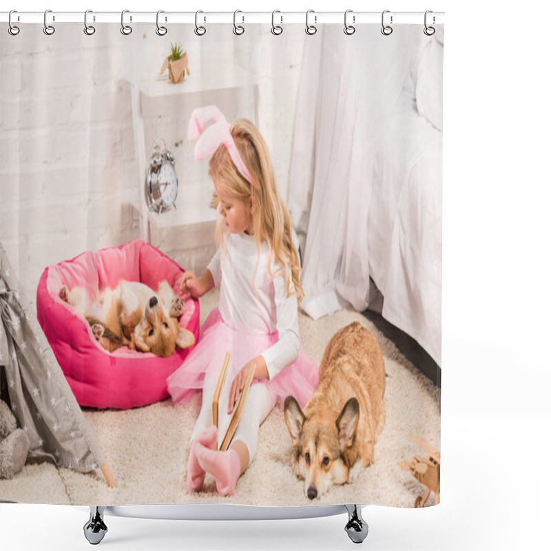 Personality  Child With Bunny Ears Headband And Book Stroking Welsh Corgi Dogs At Home  Shower Curtains