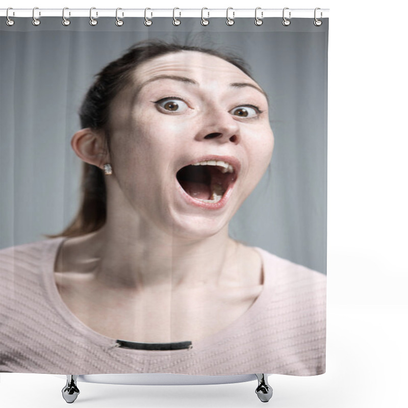 Personality  Portrait Of Young Woman With Shocked Facial Expression Shower Curtains