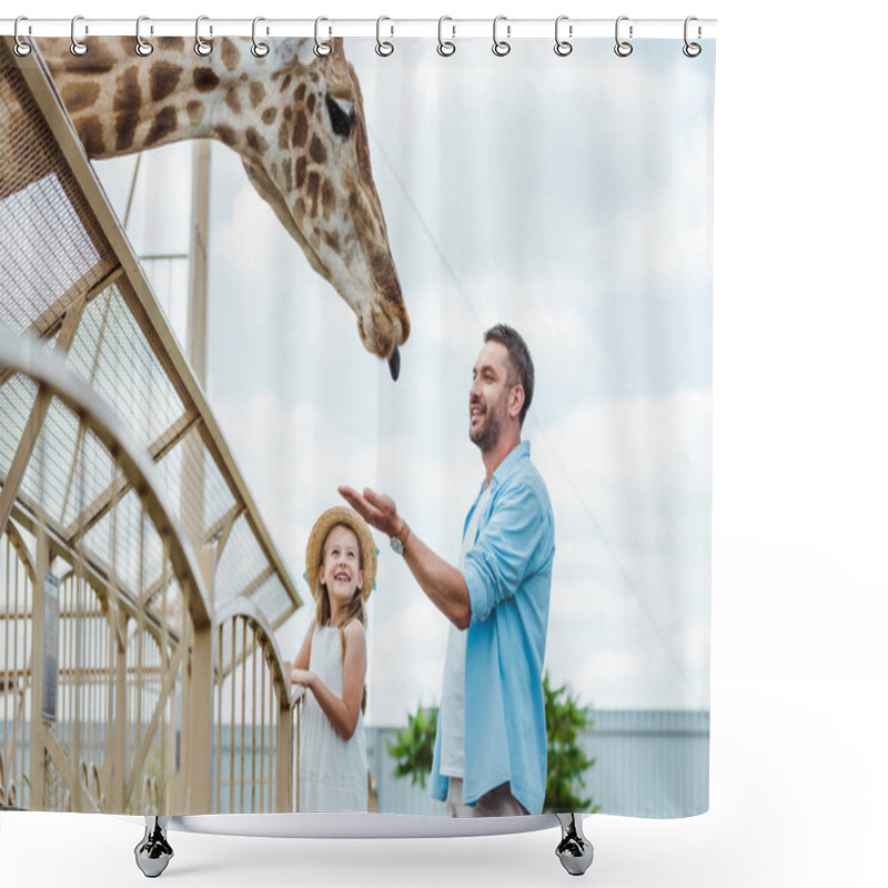 Personality  Selective Focus Of Cheerful Man Gesturing While Looking At Giraffe Near Kid In Zoo  Shower Curtains