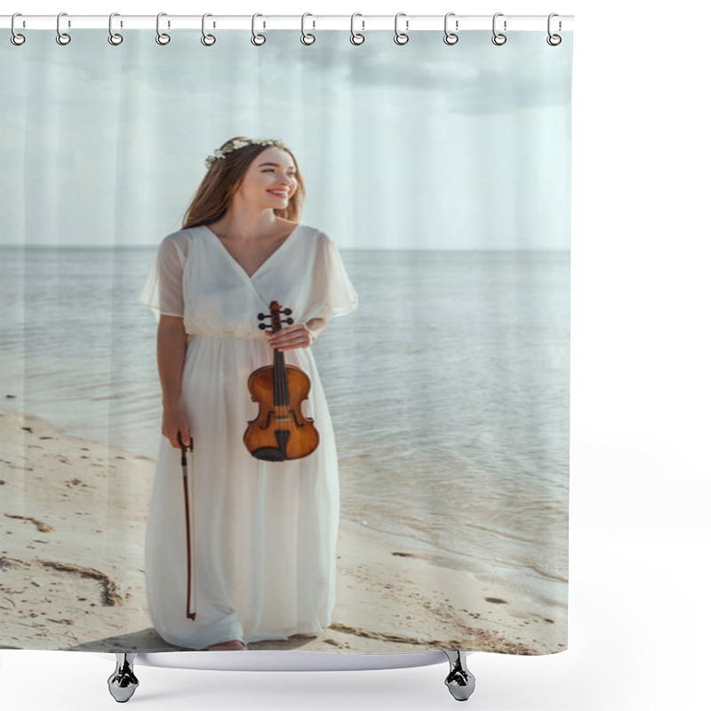 Personality  Beautiful Smiling Girl In Elegant Dress Holding Violin On Beach Shower Curtains