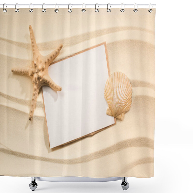 Personality  Flat Lay With Sea Star, Seashell And Blank Paper On Sand Shower Curtains