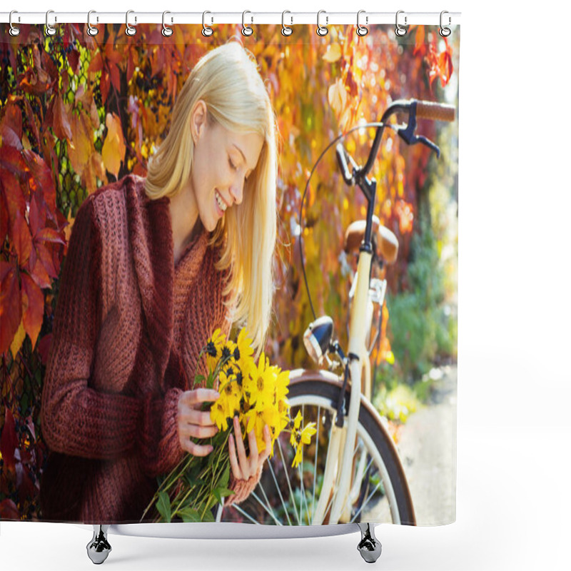 Personality  Woman With Bicycle Autumn Garden. Weekend Activity. Active Leisure And Lifestyle. Girl Ride Bicycle For Fun. Blonde Enjoy Relax Park Garden. Autumn Bouquet. Warm Autumn. Girl With Bicycle And Flowers Shower Curtains