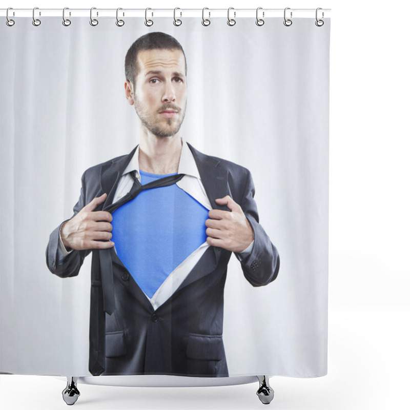 Personality  Young Businessman Acting Like A Super Hero And Tearing His Shirt Off Shower Curtains