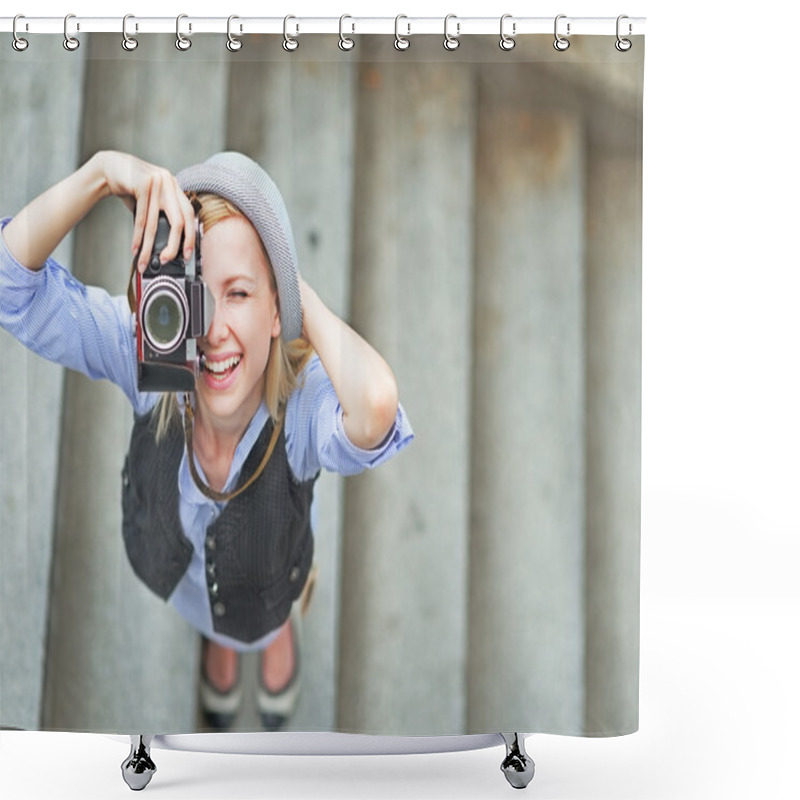 Personality  Girl Making Photo With Retro Camera Shower Curtains