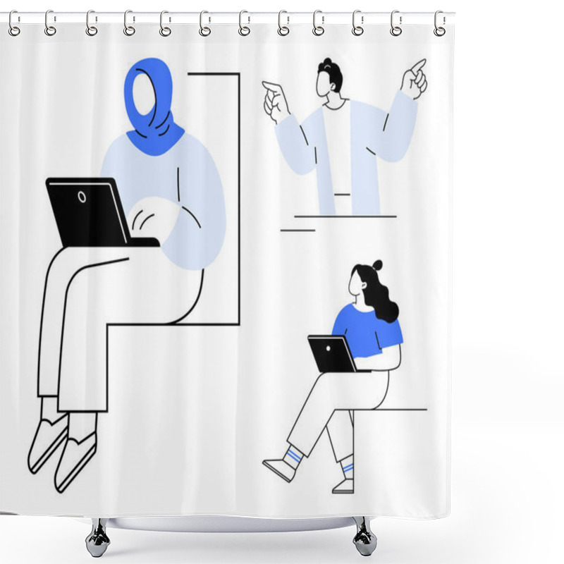 Personality  Three Diverse Characters One Typing On A Laptop, Another Gesturing Energetically, And A Third Person Sitting With A Laptop. Ideal For Teamwork, Collaboration, Remote Work, Diversity, Brainstorming Shower Curtains