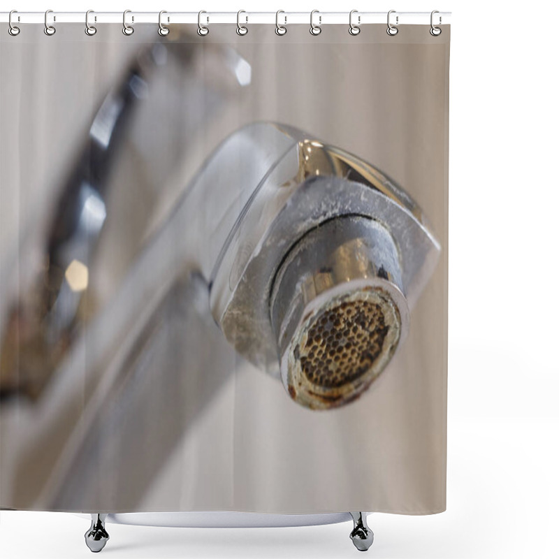 Personality  Limescale On Faucet Mesh In Bathrooms. Close Up View Shower Curtains