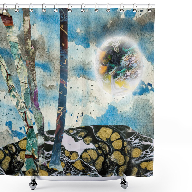 Personality  Abstract Nature. Trees And Bright Planet. 3D Rendering Shower Curtains