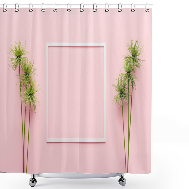 Personality  Top View Of White Frame Between Green Plants On Pink  Shower Curtains