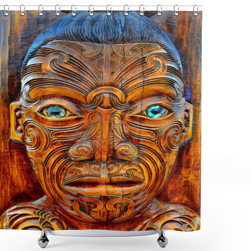 Personality  Maori Man Face Wood Carving Sculpture Shower Curtains