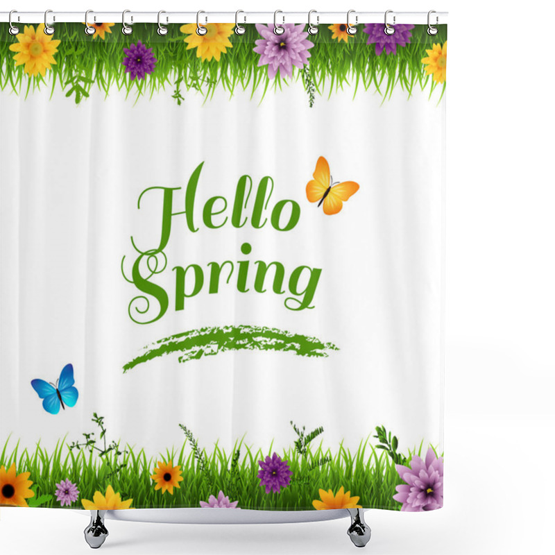 Personality  Spring Poster With Grass And Flowers Borders With Butterflies, Vector, Illustration Shower Curtains