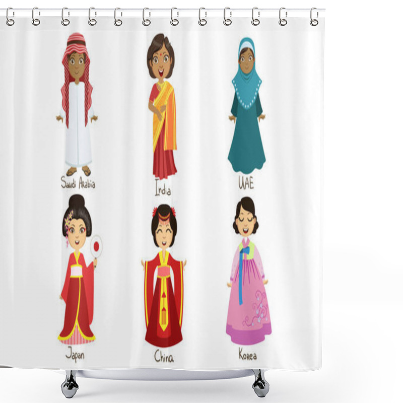 Personality  Kids In Traditional Costumes Set, Saudi Arabia, India, Uae, Japan, China, Korea Vector Illustration Shower Curtains