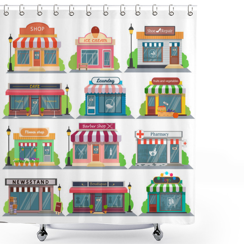 Personality  Set Of Vector Flat Design Restaurants And Shops,stores Facade Icons.Includes Shop,newspaper,coffee Shop,ice Cream Shop,flower Shop,vegetable,fruit Store,Laundry,barber, Shoe Repair, Pharmacy, Boutique, Toy Store. Shower Curtains