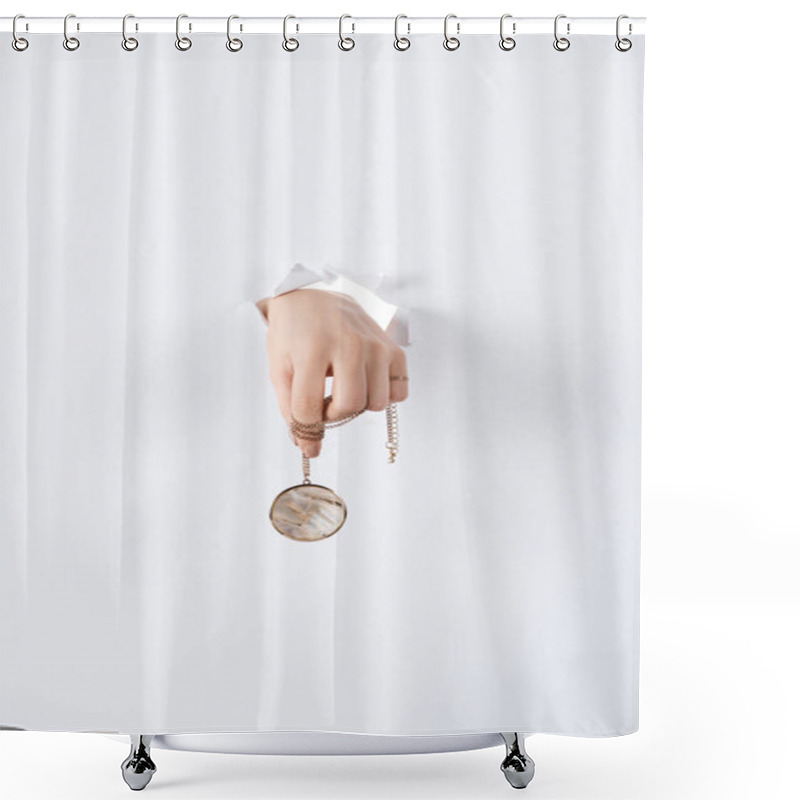 Personality  Cropped Image Of Woman Holding Hand With Beautiful Luxury Round Locket With Marble Through White Paper Shower Curtains