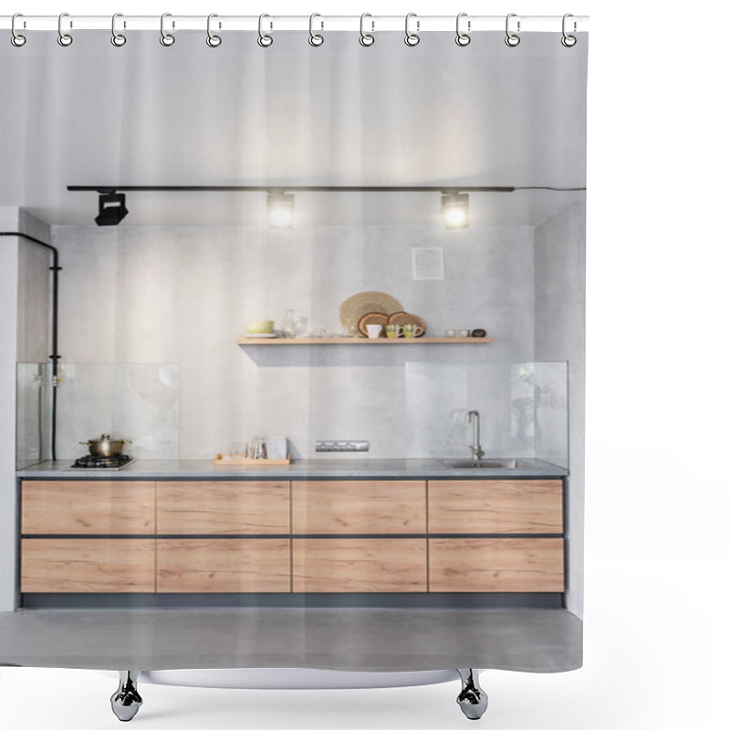 Personality  Spacious, Minimalistic Kitchen With Concrete Walls Shower Curtains