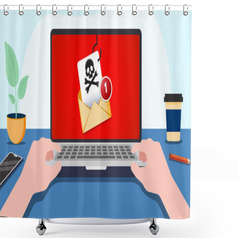 Personality  Phishing Email, Cyber Criminals, Hackers, Phishing Email To Steal Personal Data, Hacked Laptop, Malware, Infected Email, Scene Of A Person Working On A Laptop With An Infected Email On The Screen Shower Curtains