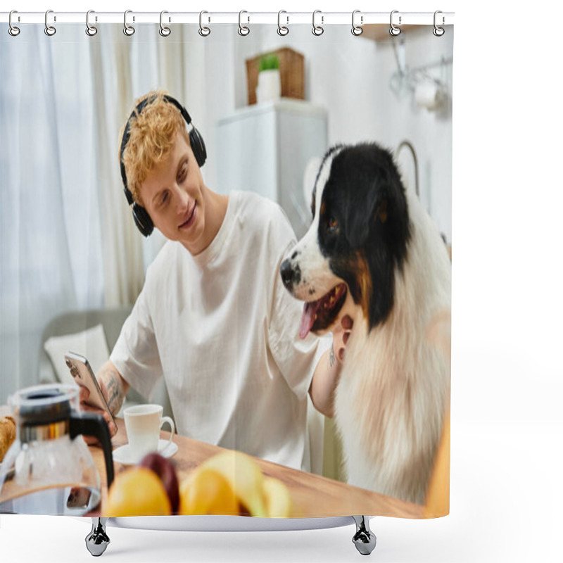 Personality  Redhead Man Relaxes With His Australian Shepherd Dog In A Stylish Apartment, Sharing Moments. Shower Curtains