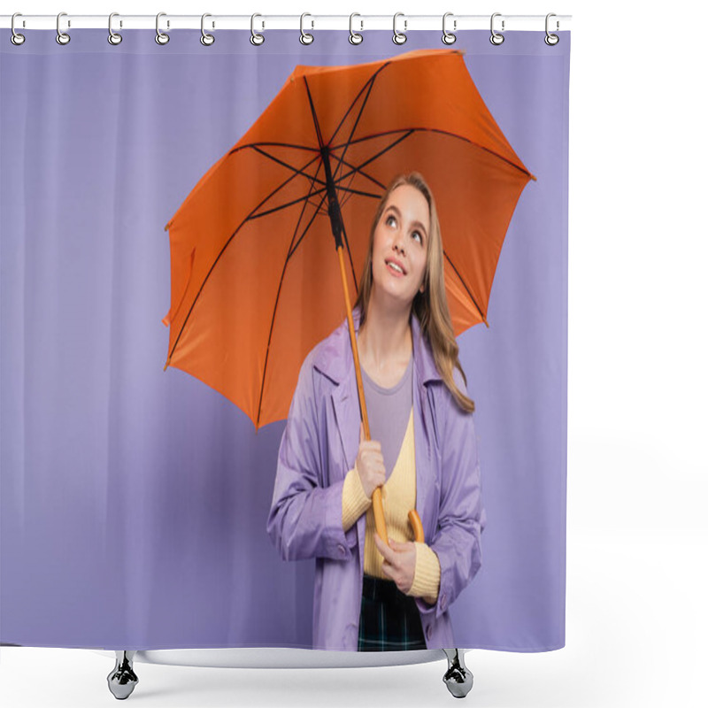 Personality  Dreamy Young Woman In Trench Coat Standing Under Orange Umbrella On Purple  Shower Curtains