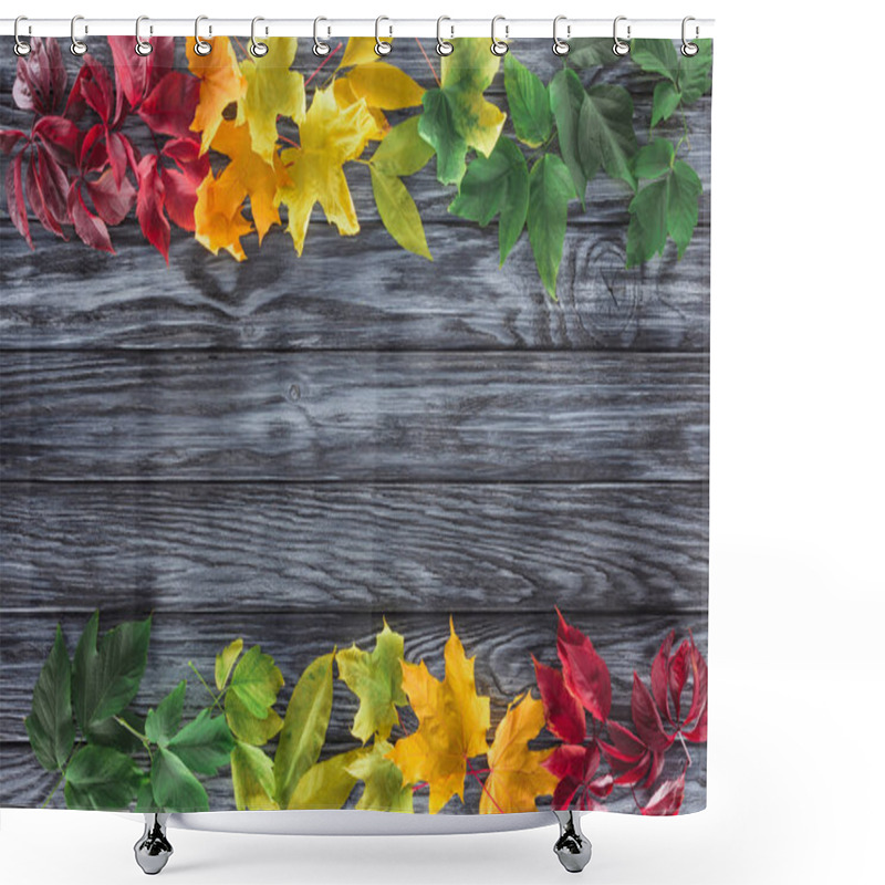 Personality  Top View Of Burgundy, Yellow And Green Autumnal Maple Leaves On Wooden Surface Shower Curtains