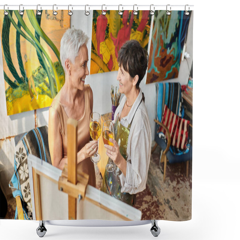 Personality  Cheerful Mature Female Friends With Wine Glasses Near Easel In Art Studio, Artist And Model Teamwork Shower Curtains