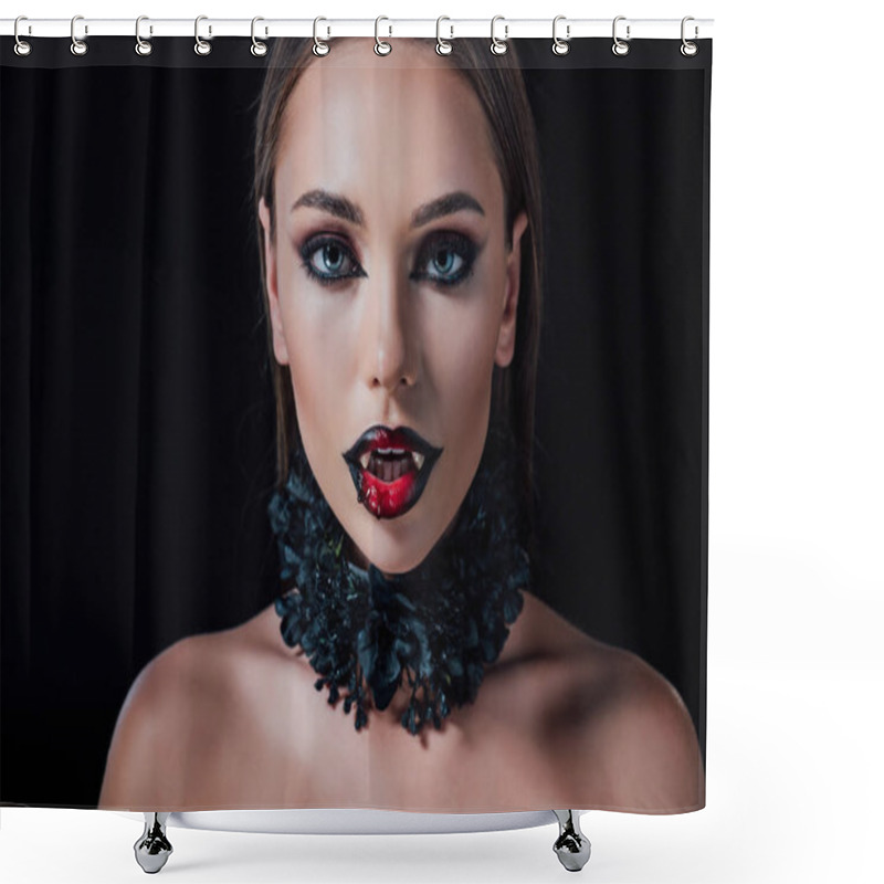 Personality  Portrait Of Scary Naked Vampire Girl With Fangs Isolated On Black Shower Curtains