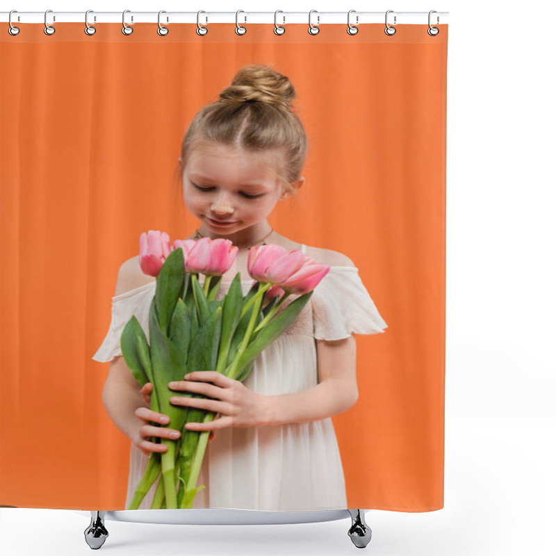 Personality  summer fashion, preteen girl in white sun dress holding pink tulips on orange background, fashion and style concept, bouquet of flowers, fashionable kid, vibrant colors  shower curtains