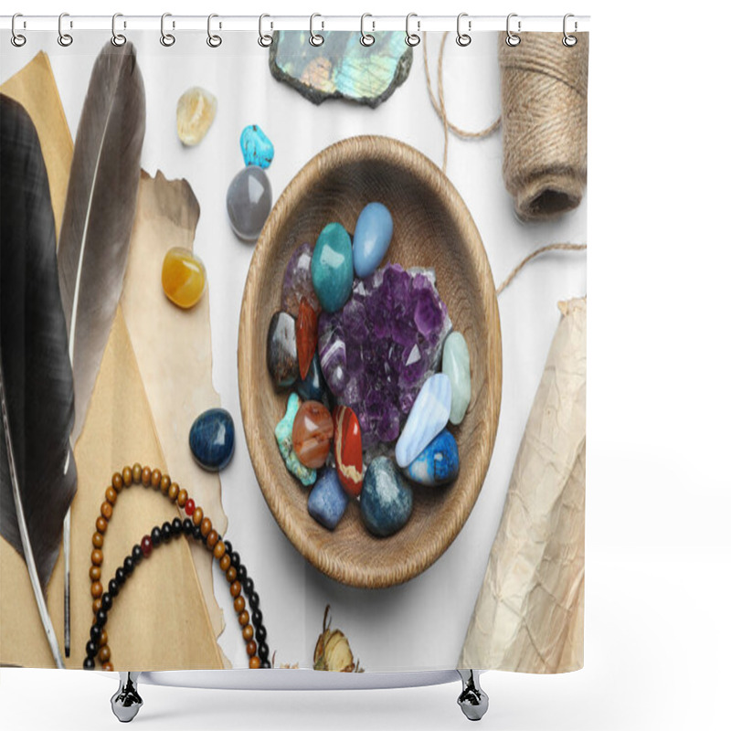 Personality  Flat Lay Composition With Different Gemstones On White Background Shower Curtains