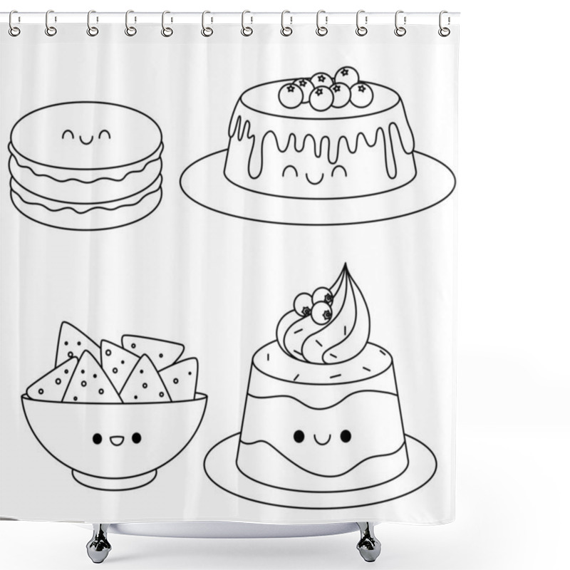 Personality  Set Of Matcha Cake Mousse, Flan With Berries Cream, Chip Potato Handdrawn Dessert Doodle Drawing Coloring Page Vector Illustration Shower Curtains