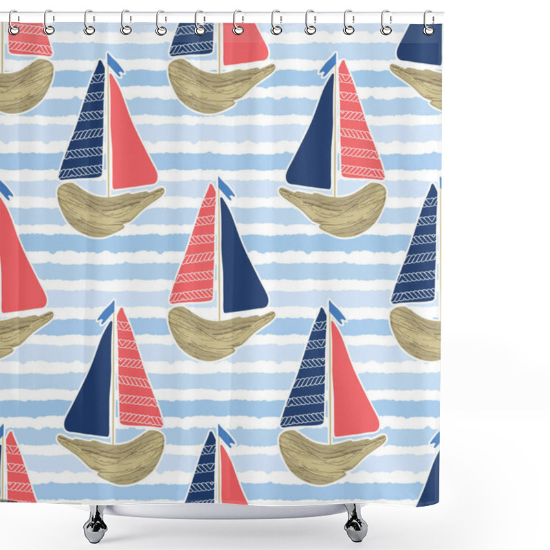 Personality  Cute Driftwood Sailboat On The Blue Ocean Sea Pattern. Marine Water Stripes Seamless Vector Background. Sailing Vessel For Nautical All Over Prints, Cruise Fashion Textiles. Shower Curtains