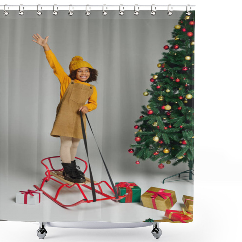 Personality  Girl Joyfully Stands On A Sled Surrounded By Gifts And A Festive Christmas Tree. Shower Curtains