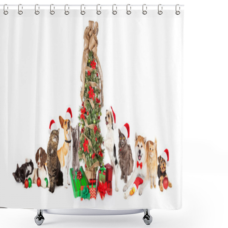 Personality  Cats And Dogs Around Christmas Tree Shower Curtains