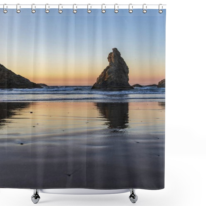 Personality  Tranquil Beach Sunset Reflecting On The Water With Rocky Formations In The Background. Shower Curtains