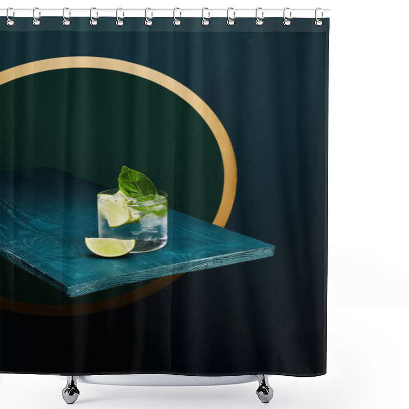 Personality  High Angle View Of Old Fashioned Glass With Fresh Drink, Mint Leaf And Lime Slice On Blue Wooden Surface On Green And Blue Geometric Background With Golden Circle Shower Curtains