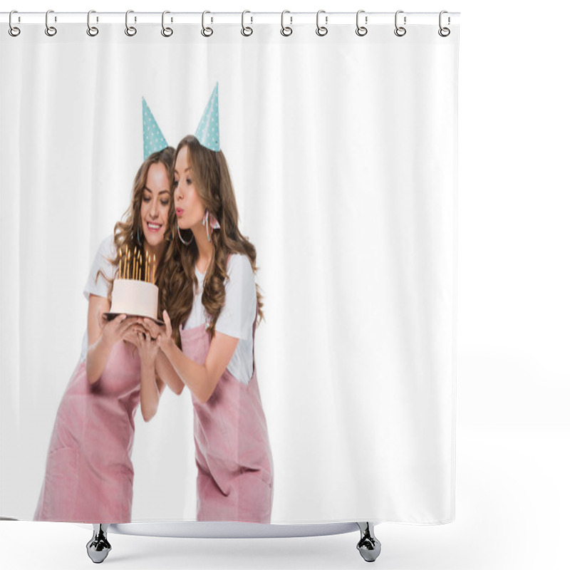 Personality  Happy Beautiful Young Twins Blowing Out Candles On Birthday Cake Isolated On White Shower Curtains