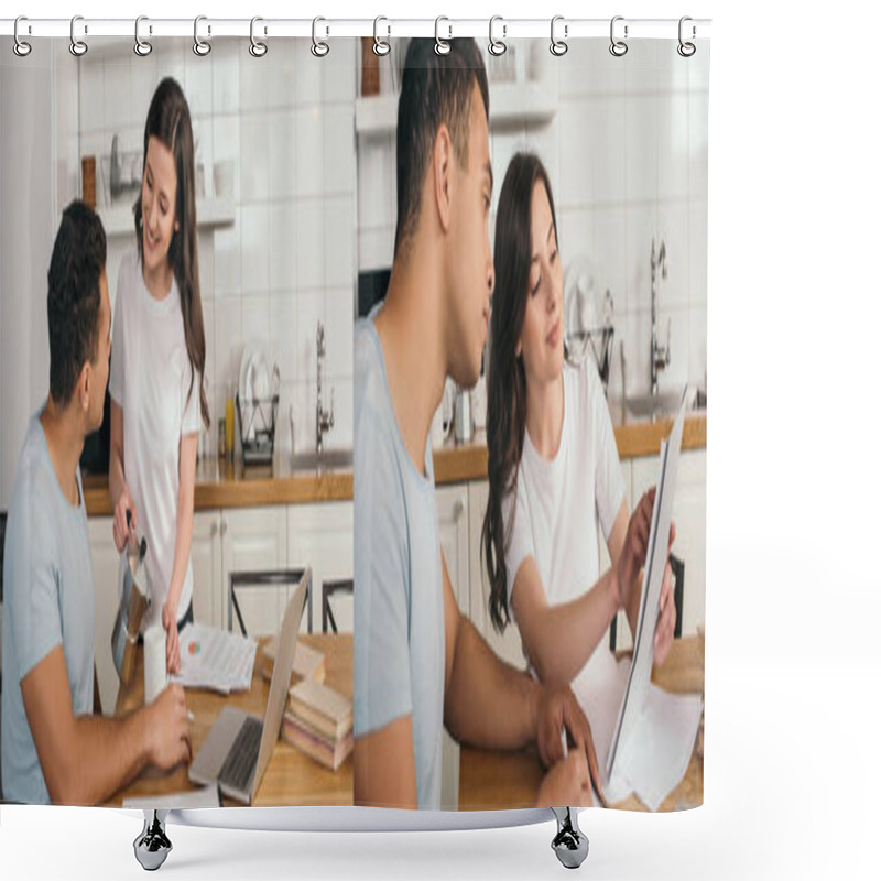 Personality  Collage Of Cheerful Girl Holding Coffee Pot, Cup And Papers Near Mixed Race Man And Laptop On Table Shower Curtains