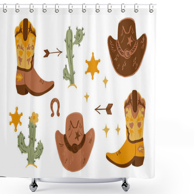 Personality  Vector Set Of Cowboy Illustrations With Boots, Hats, Cacti, Sheriff Stars, Horseshoes, Arrows, And Stars In Rustic, Western Style. Hand Drawn Flat Drawings Isolated On White Background Shower Curtains