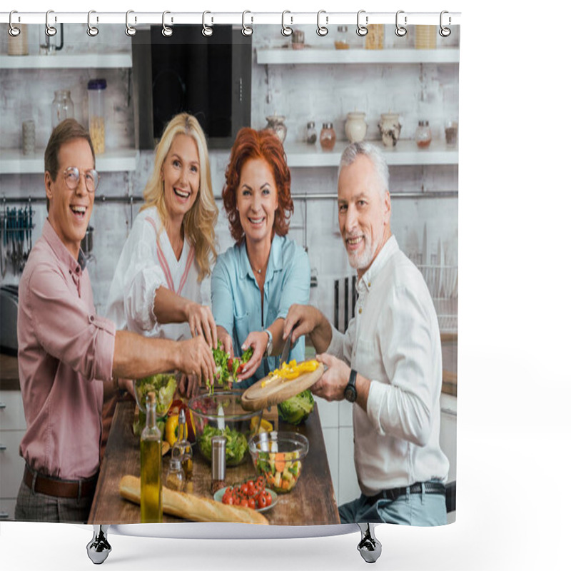 Personality  Happy Old Friends Preparing Salad For Dinner Together At Home Shower Curtains