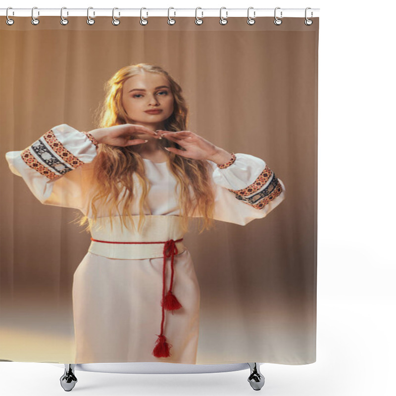 Personality  A Young Woman Dances Gracefully In A Stunning White Dress Adorned With A Vibrant Red Tassel In A Whimsical Studio Setting. Shower Curtains