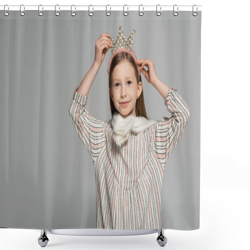 Personality  Happy Girl In Dress Adjusting Crown On Head And Smiling Isolated On Grey  Shower Curtains