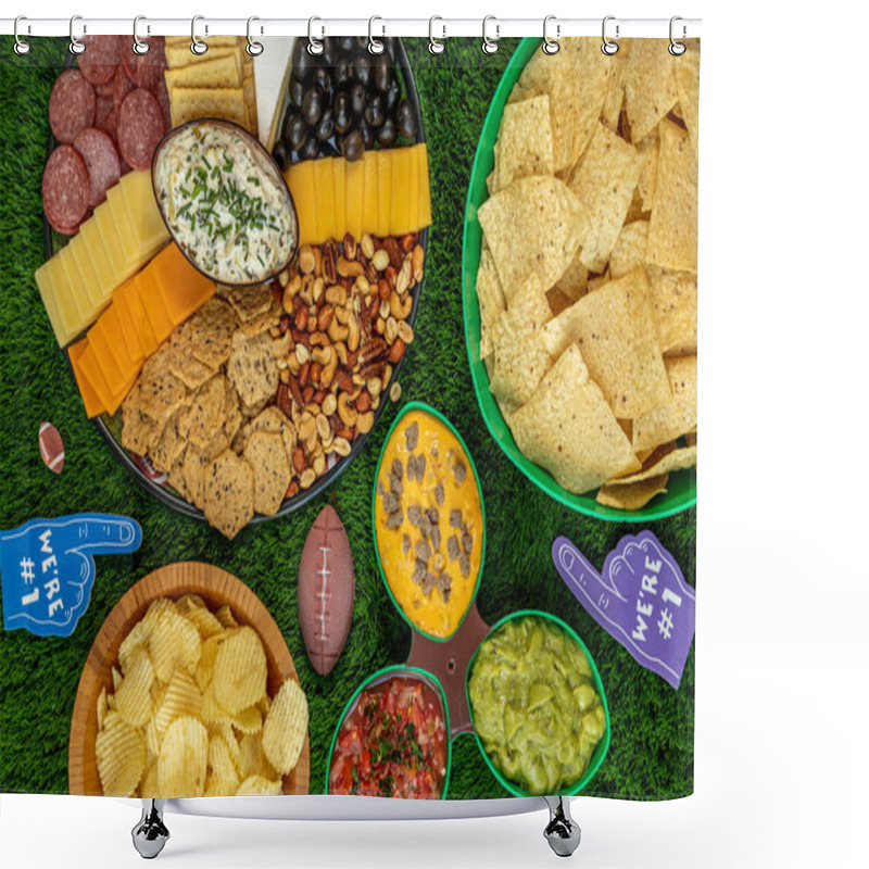 Personality  Football Tailgate Themed Party Food Display With Bowls Of Chips, Platter Of Cheese, Crackers, Olives, Nuts, Salami And Nuts With Spinach Articoke Dip, Salsa, Cheese Dip And Guacamole, Horizontal Orientation Shower Curtains