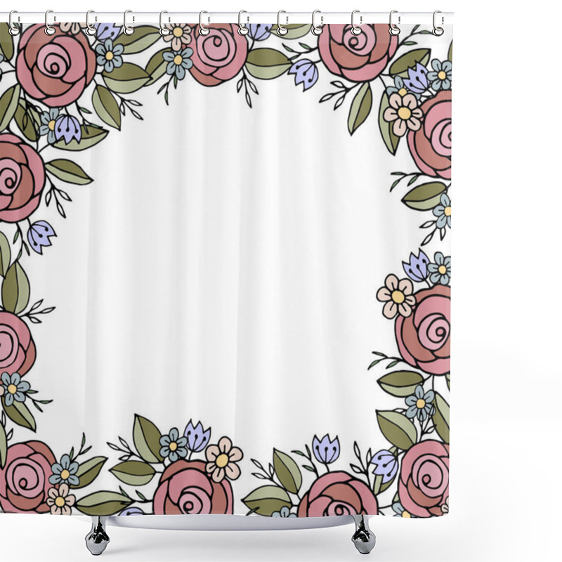 Personality  Floral Square Frame With Pink Roses, Blue Flowers, Yellow Daisies, And Green Leaves On A White Background. Ideal For Invitations, Greeting Cards, And Decorative Designs Shower Curtains