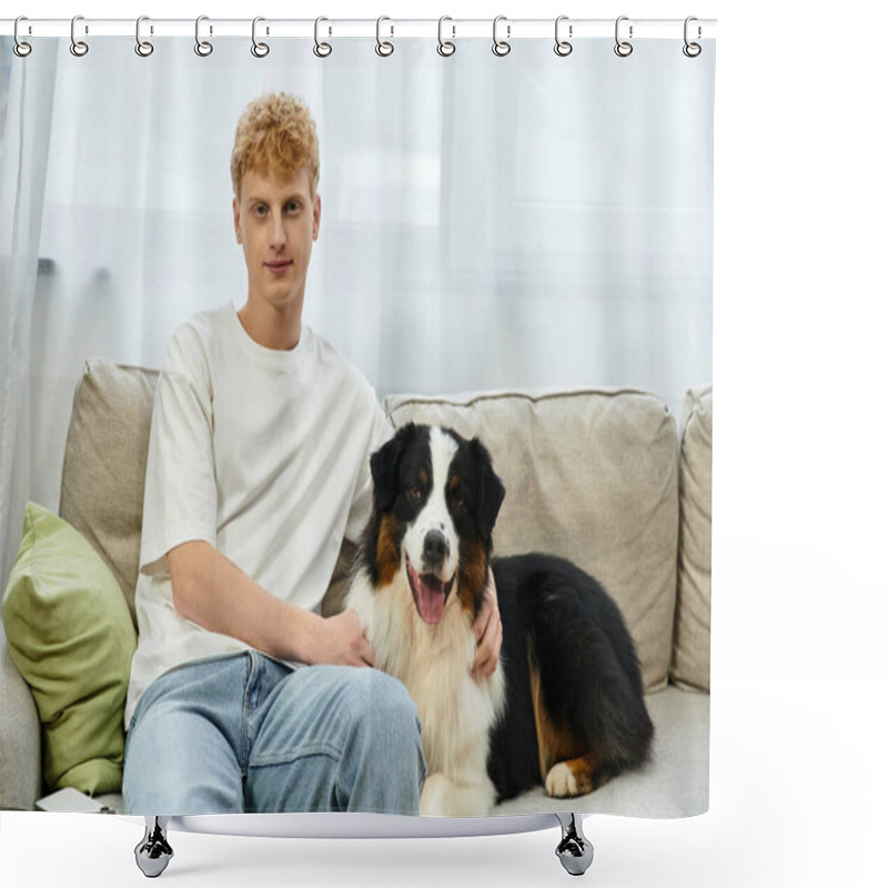 Personality  A Red-haired Young Man Relaxes On A Sofa With His Friendly Australian Shepherd Dog. Shower Curtains