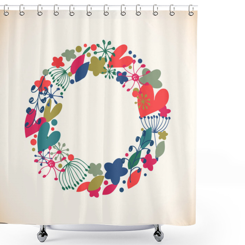 Personality  Decorative Flourish Round Garland. Ornate Wreath With Hearts, Flowers And Snowflakes. Shower Curtains